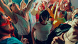 © master1305 - Vibrant party scene with diverse group dancing energetically under colorful lights. Concept of concert, music rhythm.