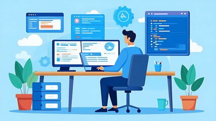 Illustration of a developer working at a desk with dual monitors, laptop, code windows, plants, and office supplies in a bright, modern workspace.