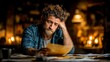 © aimodels24 - A worried man with curly hair and a beard looks at important documents on a desk in a dimly lit room