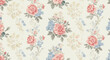© bangoji - Romantic floral pattern features pink roses, blue hydrangeas and cream wildflowers on a light background, soft and charming
