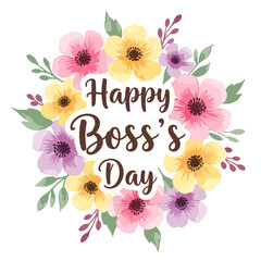  Watercolor floral wreath with Happy Boss's Day greeting, featuring pastel flowers and leaves, perfect for celebration