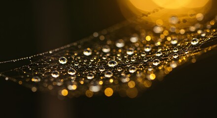 Dew-kissed spiderweb glistening with golden light, intricate details visible.