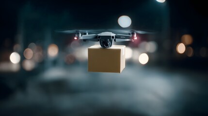 Poster - Drone delivering package in the night with autonomous lighting