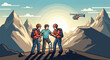 © onepixland - A mountain rescue team provides emergency first aid to an injured hiker, with a helicopter arriving for evacuation in a vector illustration.