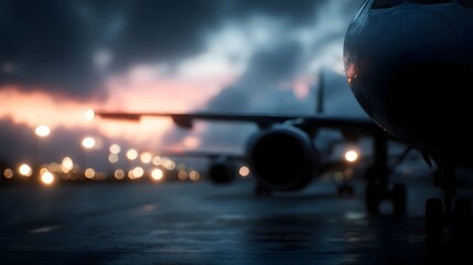 Poster - Cargo planes lined up at airport cargo terminal under dramatic night lighting