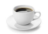 Photo of a simple white cup of hot black coffee with foam, isolated on a white background, perfect for morning refreshment and energy