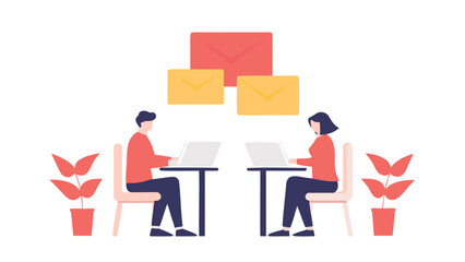 A man and a woman are sitting at their desks working on their laptops with email icons above them