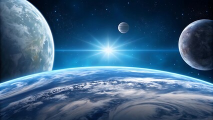 Wall Mural - Vast cosmic panorama earth and alien worlds illuminated by a distant star in deep space
