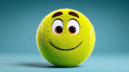 Tennis ball with a smiley face on it. The ball is green and fuzzy. Scene is cheerful and playful