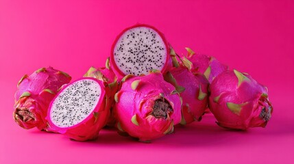 Wall Mural - The vibrant dragonfruit arranged on a pink background showcasing freshness.