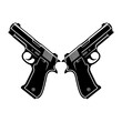 © Uzzol - Two crossed handguns, pistols. Vector illustration - black and white monochrome design, simple line art. Weapon, gun, firearm icon or logo. Military, police, crime concept.  Symmetrical composition, g