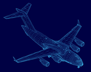 Poster - A 3D wireframe model of an aircraft displays intricate blueprint details against a solid blue background. The transparent mesh structure highlights the plane's engineering design.