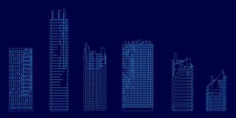 Poster - A detailed blueprint of a ruined skyscraper on a blue background, showcasing the architectural contour and structural design. The intricate lines highlight the building's framework and decayed.