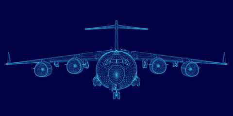 Poster - A detailed 3D wireframe model of an aircraft on a solid blue background, showcasing the intricate blueprint design. The transparent mesh structure highlights the plane's engineering and aerodynamic.