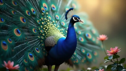 Naklejka na meble Majestic Peacock Displaying Its Vibrant Iridescent Plumage in a Sunlit Garden