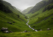 © Background - lush nature valley and flowing stream amid rolling green hills