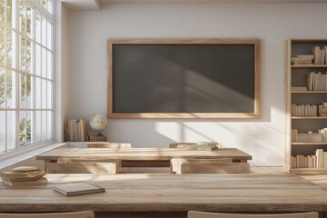  Mockup for design of a cozy classroom with natural light and a chalkboard. Knowledge Day, September 1st, school