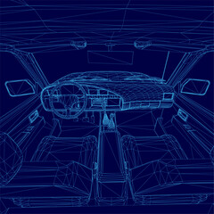 Poster - Blueprint of a car interior featuring a steering wheel, seats, and mirrors in wireframe style. The deep blue background highlights the explorer's detailed layout.