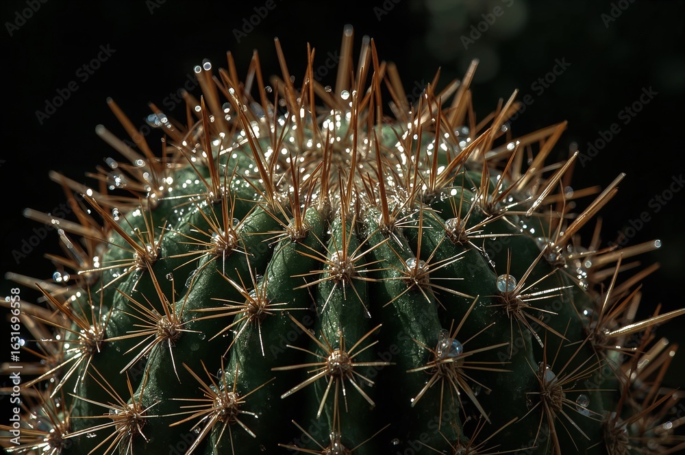 Macro Close-Up of Cactus with Spines and Thorns Featuring Drops of ...
