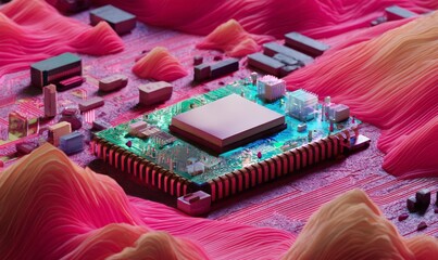Poster - Colorful digital landscape featuring a microprocessor on pink terrain