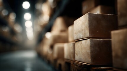 Poster - Stacked cardboard boxes on warehouse storage racks