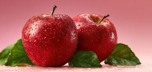 Wall Mural - The beautiful red apples glisten with droplets on vibrant leaves