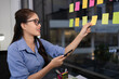 © SOMKID - Asian businesswoman with paper notes creating project plan on office glass wall, Creative businesswoman,