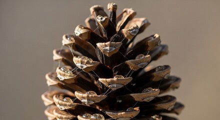 Close-up of Pine Cone with Water Droplets and Delicate Spiderwebs