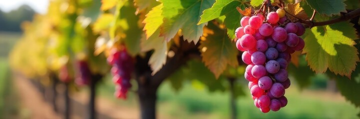 Wall Mural - Close-up of mature grape vines, their leaves turning autumnal hues, with bunches of ripe grapes hanging heavy, signifying the end of the harvest season , red, clusters, vineyard