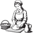 © MstRanzina - Woman Kneading Dough with Bread Basket and Water Jug Monochrome Drawing