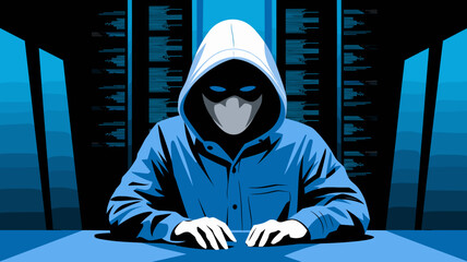 Hacker avatar surrounded by digital data streams – Ideal for infosec content, network security promotions, or data-themed visuals