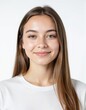 © Oleksandr - Young teenage girl ID photo, white background. Smiling female face, passport style. Used for work badges, student cards, resumes, interviews, applications, visas.