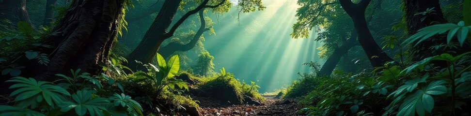 Wall Mural - Mysterious Rainforest Sunlight Filters Through Dense Canopy, Illuminating Lush Vegetation, Twisted Vines, and Decaying Logs on the Forest Floor