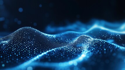 Wall Mural - abstract blue wave of glowing particles, digital data flow, technology background.