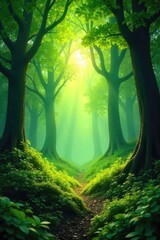 Wall Mural - Lush green forest scene, sunlight dappling through leaves, creating a magical atmosphere Perfect for nature, fantasy, and environmental themes , magical, plant