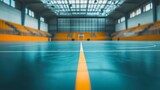 Empty indoor sports arena with orange seating and teal court.