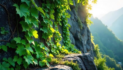 Wall Mural - Lush green vines cascading down a rocky hillside, creating a vibrant and textured landscape Sunlight filters through the leaves, casting dappled shadows on the ground , rock, landscape