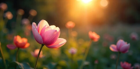 Wall Mural - Serene dawn light softly illuminates a tranquil garden scene, whispering secrets of beauty and peace Delicate petals unfurl, a hushed symphony of nature's grace , flowers, quiet