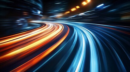 Wall Mural - abstract light trails of speeding vehicles on a curved road at night.