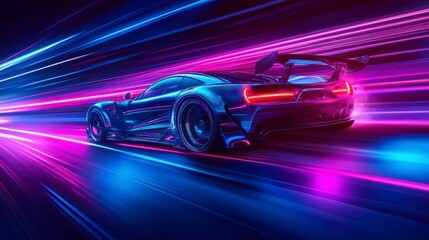 Wall Mural - fast sports car speeding on highway at night with neon light trails.