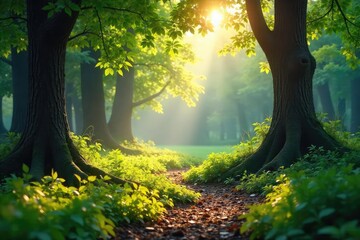 Wall Mural - Serene nature scene perfect for meditation; sunlight filters through leaves onto tranquil forest floor, creating a peaceful atmosphere ideal for mindfulness and relaxation , quiet, atmosphere