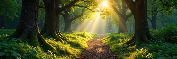 Wall Mural - Sun-dappled woodland path winds through ancient trees, sunlight filtering through leaves onto mossy ground A sense of peace and tranquility pervades the scene , trail, quiet, natural environment