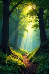 Wall Mural - Sunlit Forest Path Discover the Untouched Beauty of a Lush, Vibrant Woodland, Serene Nature Photography