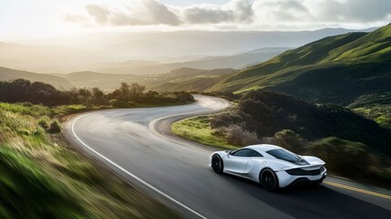 Wall Mural - white sports car driving on a winding mountain road at sunset.
