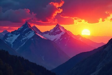 Wall Mural - Vibrant, fiery sunset over a dramatic mountain range Perfect for travel, adventure, or nature-themed projects Stunning colors and textures create a powerful visual impact , high altitude, texture