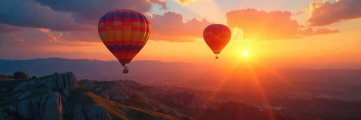 Wall Mural - Hot Air Balloon Sunrise Graceful Flight Over Tranquil Landscape - Perfect for Travel, Adventure & Freedom Themes