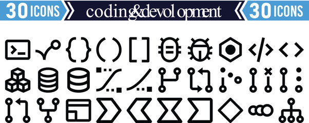 30 icon collection coding and development concepts with vibrant colors and modern typography