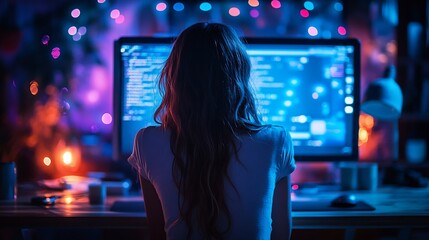 Woman with long hair working on a lit computer screen, surrounded by bokeh lights at desk