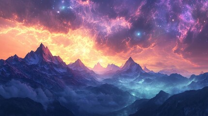 Wall Mural - vibrant sunset over majestic, snow-capped mountain range with cosmic clouds.