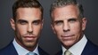 © hen - Two professional men in navy pinstripe suits stand side by side with serious expressions,